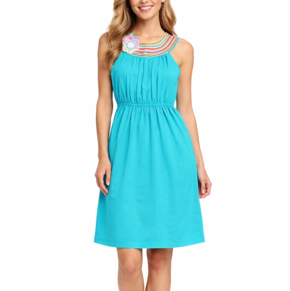 Anthropologie Turquoise Blue Floral Red Yellow Patchwork Pink Dress Medium